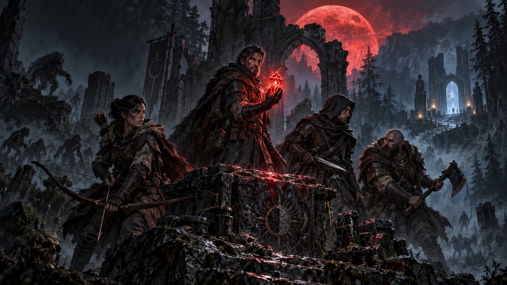 Four adventurers gather around a glowing relic beneath an enormous blood-red moon in dark ruins.