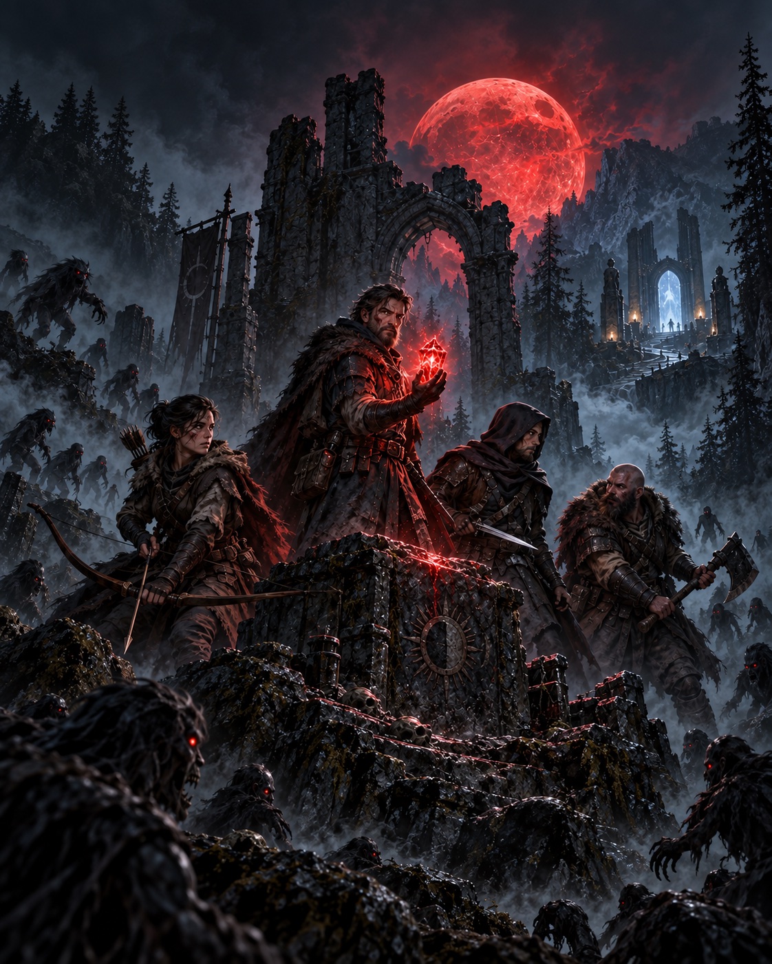 Four dark-fantasy heroes defend a glowing relic from creatures beneath the blood moon.