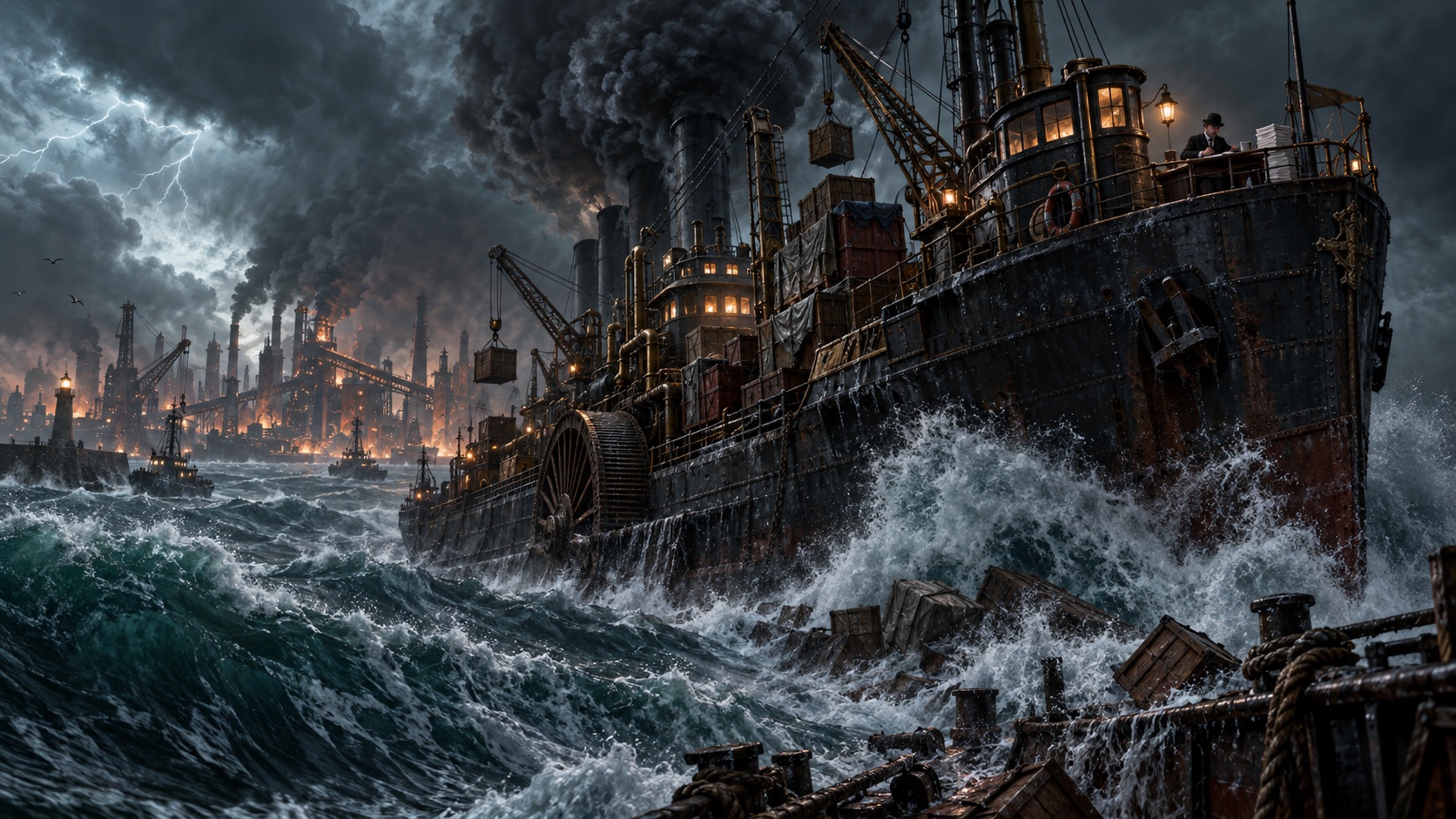 A heavy industrial ship fights through high waves towards a steampunk port in a storm.
