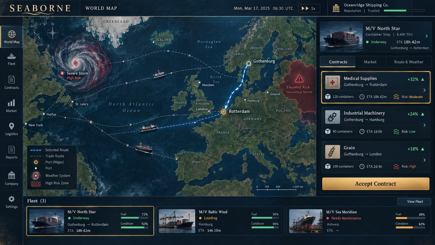 A Seaborne interface concept showing a world map, routes, ships, contracts, weather and risk zones.