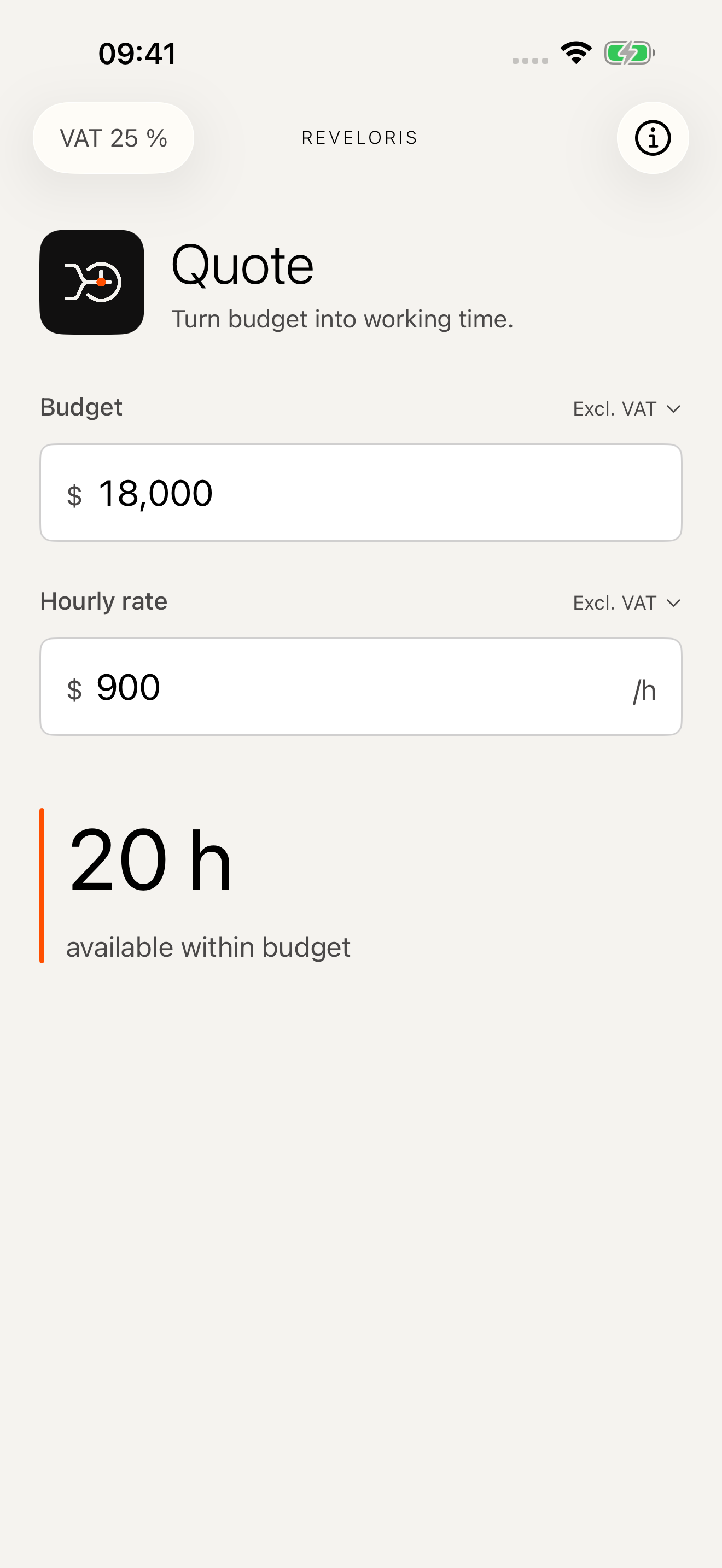 Quote shows 20 hours for a budget of 18,000 and an hourly rate of 900, both excluding VAT.